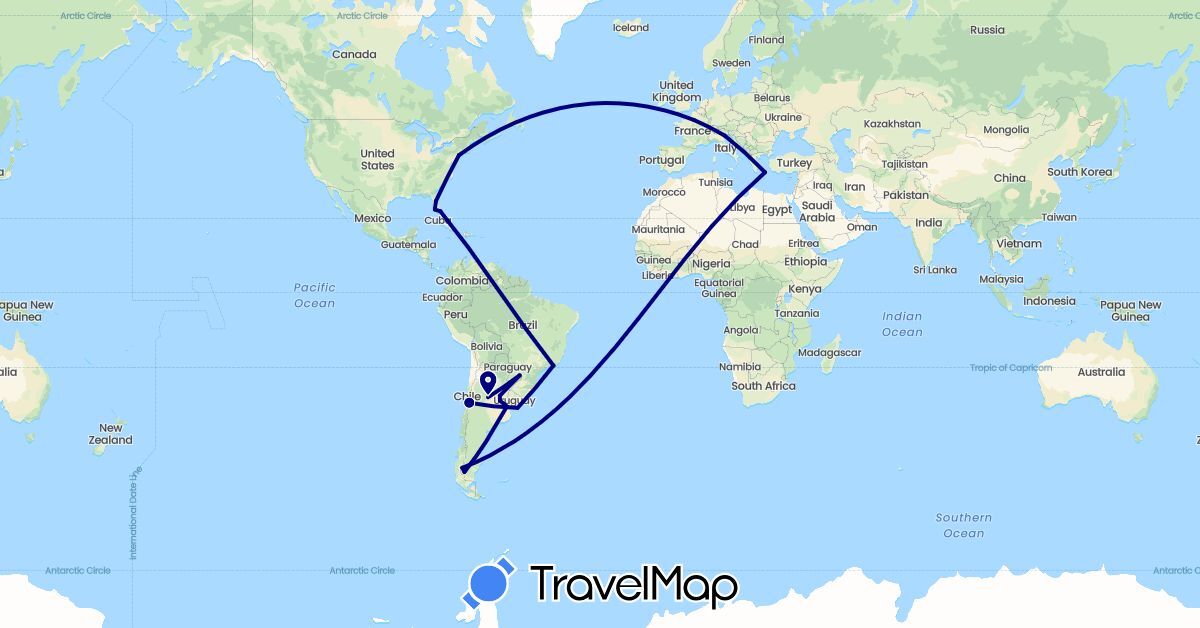 TravelMap itinerary: driving in Argentina, Brazil, Chile, France, Greece, United States, Uruguay (Europe, North America, South America)